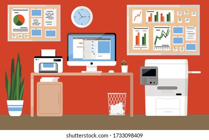 Workplace concept. Office interior. Design for co working. Desktop with computer, clock, graph, scanner, folders, Xerox, paper basket, organized, cork board and pencils. Self-education. Cabinet. Study