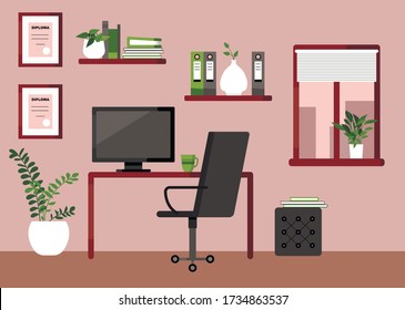 Workplace concept. Office interior. Design for co working. Desktop with computer, plant, window, folders,  organized, office chair, bookshelves, diplomas, blinds, mug. Self-education. Cabinet. Study