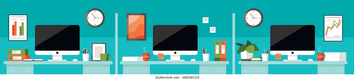 Workplace concept. Office table. Design for co working. Desktop with computer, folders, coffee mug, reminder stickers, organized, table lamp and plant. Wall clock and picture