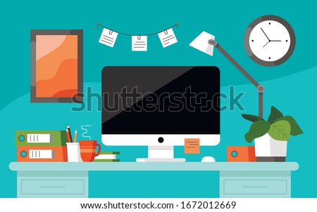 Workplace concept. Office table. Design for co working. Desktop with computer, folders, coffee mug, reminder stickers, organized, table lamp and plant. Wall clock and picture 