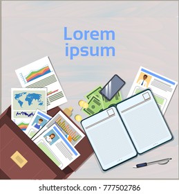 Workplace Concept Open Suitcase On Office Desk With Cv Resume And Document Folders Top Angle View Banner With Copy Space Flat Vector Illustration