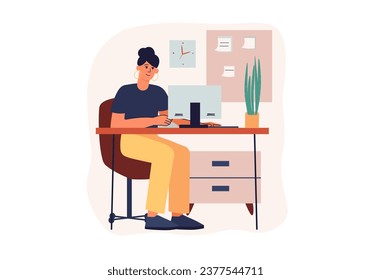 Workplace concept with people scene in the flat cartoon design. The employee created a cozy workplace for comfortable work. Vector illustration.