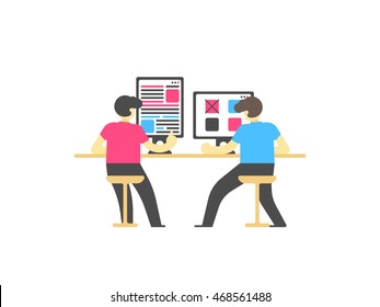 Workplace concept. People sitting at the desktop and working. Flat business vector illustration.