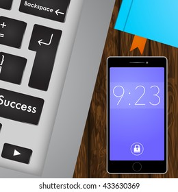 Workplace concept. Silver laptop, smartphone and notepad on wooden background