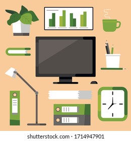 Workplace concept. Sticker pack for co working. Computer, coffee mug, organized, table lamp, plant, clock, schedule, stack of papers, folders, documents, pencils 