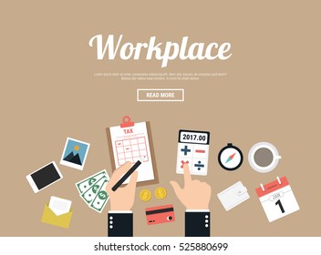 Workplace concept. Top view business hand, pencil, mobile phone, hands, cup of coffee, plant in flowerpot. vector flat illustration