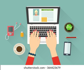 Workplace concept. Top view  laptop, notebook, pencil, mobile phone, hands, flash drive, cup of coffee, plant in flowerpot. vector flat illustration