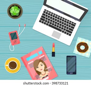 Workplace concept. Top view laptop, lipstick, glossy magazine, mobile phone, cup of coffee, plant in flowerpot. Wooden background. Vector flat illustration