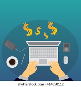 Workplace concept. Top view laptop, notebook, pencil, mobile phone, hands, with money symbol.