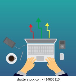Workplace concept. Top view laptop, notebook, pencil, mobile phone, hands,with business arrow.