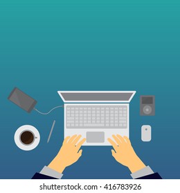 Workplace concept. Top view laptop, notebook, pencil, mobile phone, hand type.