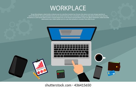 Workplace concept. Top view laptop, pencil, mobile phone, hands, cup of coffee, credit card, purse, vector flat illustration.