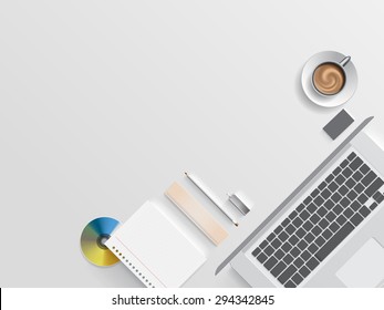  workplace concept top view vector with  laptop, diary, and coffee cup