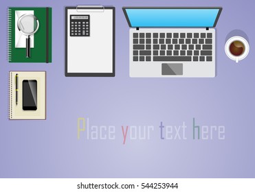 Workplace concept for web banner. table surface with computer, coffee cup, smartphone.