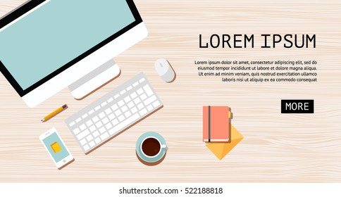 Workplace concept for web banner.Wooden table surface with computer, coffee cup, smartphone.