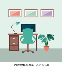 workplace concept work desk equipped with lamp frame armchair plant monitor