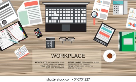 Workplace concept.Collection of Business Work Flow Items and Elements, Office Things, Objects and Equipment for Workplace Design.  Flat design,vector
