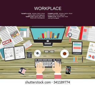Workplace concept.Collection of Business Work Flow Items and Elements, Office Things, Objects and Equipment for Workplace Design. Flat design,vector