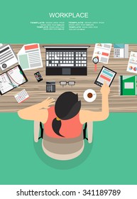 Workplace concept.Collection of Business Work Flow Items and Elements, Office Things, Objects and Equipment for Workplace Design. Flat design,vector