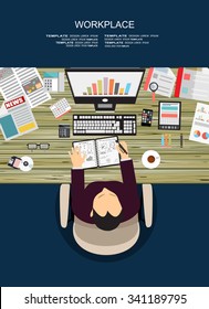 Workplace concept.Collection of Business Work Flow Items and Elements, Office Things, Objects and Equipment for Workplace Design. Flat design,vector
