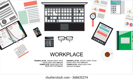 Workplace concept.Collection of Business Work Flow Items and Elements, Office Things, Objects and Equipment for Workplace Design. Flat design,vector