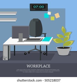 Workplace conceptual vector web banner. Flat style. Office room with armchair, computer monitor on the desk, rack with documents. Comfortable place for work modern business apartments design