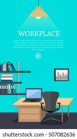 Workplace conceptual vector web banner. Flat style. Office room with armchair, laptop on the desk, rack with documents. Comfortable place for work. Illustration of modern business apartments design