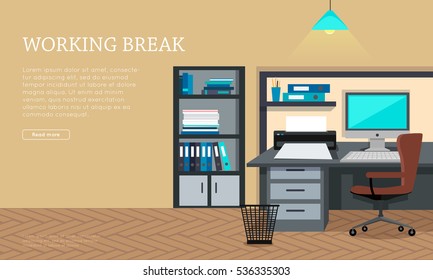 Workplace conceptual vector web banner. Flat style. Working break office room with armchair, computer on the desk, rack with documents. Comfortable place for work modern business apartments design