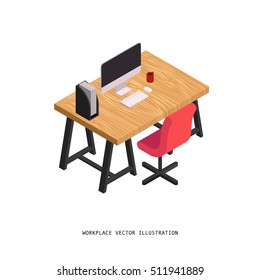 Workplace concept.Vector wooden table.Isometric illustration.