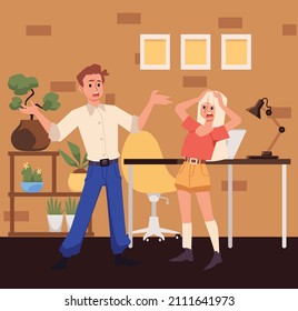 Workplace conflict between colleagues, flat cartoon vector illustration. People argue and conflict in office, quarrel between coworkers, teammates or classmates.