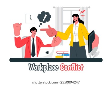Workplace Conflict Illustration featuring Arguing Coworkers Having a Dispute in the Office While Discussing Business Issues and Teamwork Problems