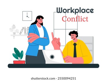Workplace Conflict Illustration mit Argumenten für Kollegen, die im Büro einen Streit haben, während sie geschäftliche Probleme und Teamwork-Probleme diskutieren