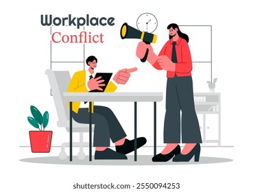 Ilustración de conflicto en el lugar de trabajo con compañeros de trabajo discutiendo teniendo una disputa en la oficina mientras discuten problemas comerciales y de trabajo en equipo