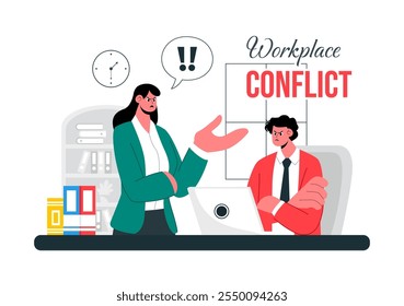 Ilustración de conflicto en el lugar de trabajo con compañeros de trabajo discutiendo teniendo una disputa en la oficina mientras discuten problemas comerciales y de trabajo en equipo