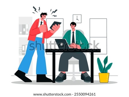 Workplace Conflict Illustration featuring Arguing Coworkers Having a Dispute in the Office While Discussing Business Issues and Teamwork Problems