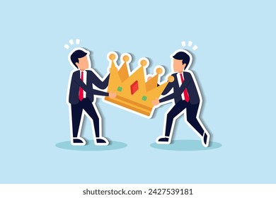 Workplace conflict Job rivalry, jealousy among colleagues concept, angry coworker fighting by pulling golden crown metaphor of job promotion position.
