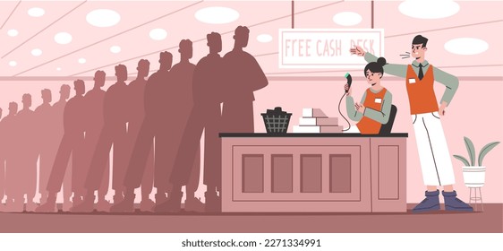 Workplace conflict. Manager yells at cashier. Silhouettes people queue. Chief subordinate confrontation. Stressful situation. Boss shouting at salesman. Depressed worker