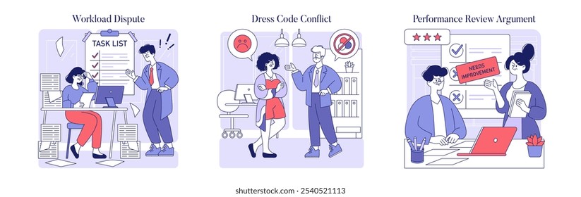 Workplace conflict set. Illustrates common office disputes: workload, dress code, and performance review disagreements. Captures emotional tensions in the workplace. Vector illustration.
