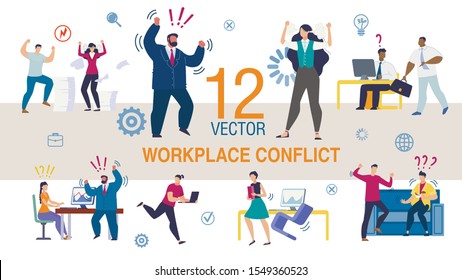 Workplace Conflict, Stress on Work Trendy Flat Vector Scenes Set. Business people Characters, Office Workers Arguing, Conflicting with Colleagues, Angry Boss Screaming on Company Employees Illustration