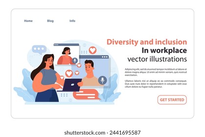 Workplace connectivity through technology. Woman engages in virtual collaboration, highlighting diverse team members and digital communication for inclusivity. Seamless teamwork online. Flat vector