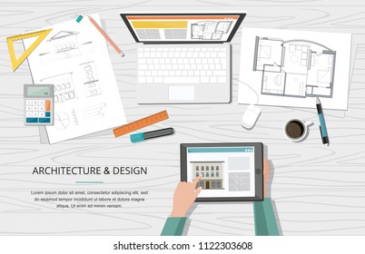 Workplace - Construction project architect house plan with tools, laptop and notebook. Construction background.  Vector Illustration