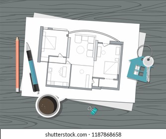 Workplace - Construction project architect house plan with tools, and house drawing. Construction background.