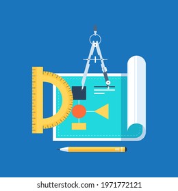 Workplace - Construction project architect house plan with tools, Construction background. Vector Illustration