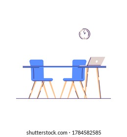 Workplace consultation semi flat RGB color vector illustration. Desktop for corporate meeting. Office interior. Table with chairs for briefing isolated cartoon objects on white background