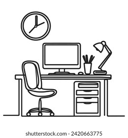Workplace in continuous one line art style. Office desk with monitor and a chair. Simple vector illustration.