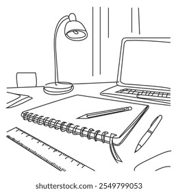 Workplace in continuous one line art style. Office desk with monitor and a chair. Simple vector illustration.