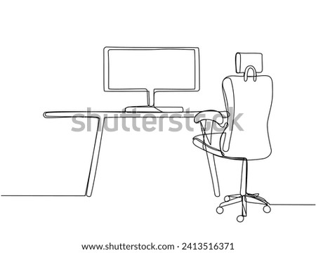 Workplace in continuous one line art style. Office desk with monitor and a chair. Simple vector illustration