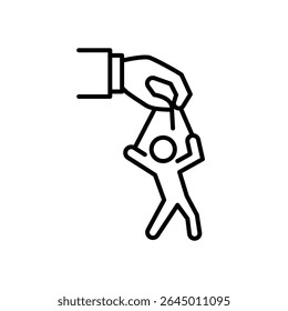 Controle de Local de Trabalho Ícone Vetor, Mão Grande Segurando Símbolo de Pessoa Pequena para Microgerenciamento, Burnout, Pressão Mental, Design de Contorno de Estresse no Trabalho e Perda de Autonomia