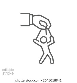 Controle de Local de Trabalho Ícone Vetor, Mão Grande Segurando Símbolo de Pessoa Pequena para Microgerenciamento, Burnout, Pressão Mental, Design Editável do Traço do Stress do Trabalho e Perda de Autonomia