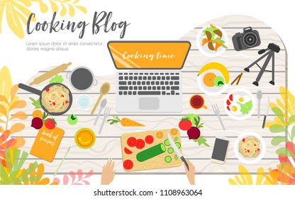 Workplace of cooking blogger, view from above, desktop, fruits, vegetables and other products and appliances for cooking